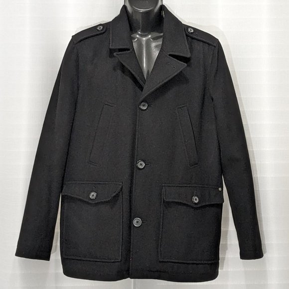Men’s Guess Brandon Wool Blend Style Long Button Coat Sz Large Black - Picture 2 of 16